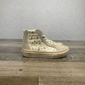 Off the Wall Vans Girls Size 10.5 Moon & Stars Silver Glitter High Tops Tan NWOT
